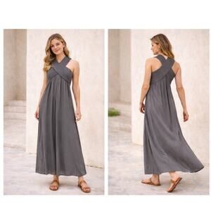 Flawless Boho Smocked Cross Neck Maxi Dress Large Flowy Resort Summer